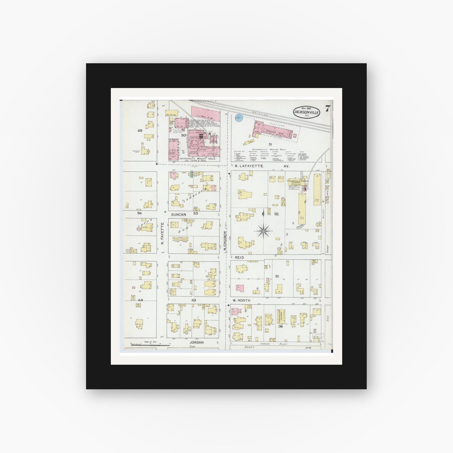Old map wall art mockup — black gallery frame with white mat — Sanborn Fire Insurance Map from Jacksonville, Morgan County, Illinois (1892), Sheet #0007