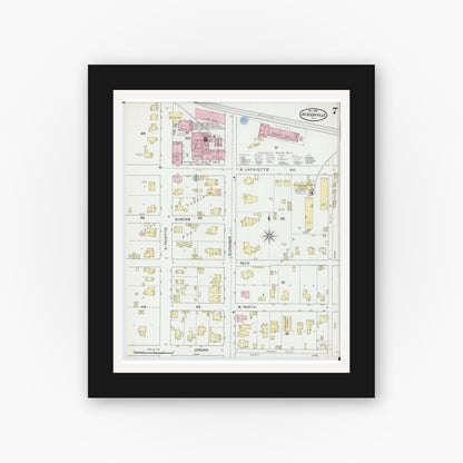 Old map wall art mockup — black gallery frame with white mat — Sanborn Fire Insurance Map from Jacksonville, Morgan County, Illinois (1892), Sheet #0007