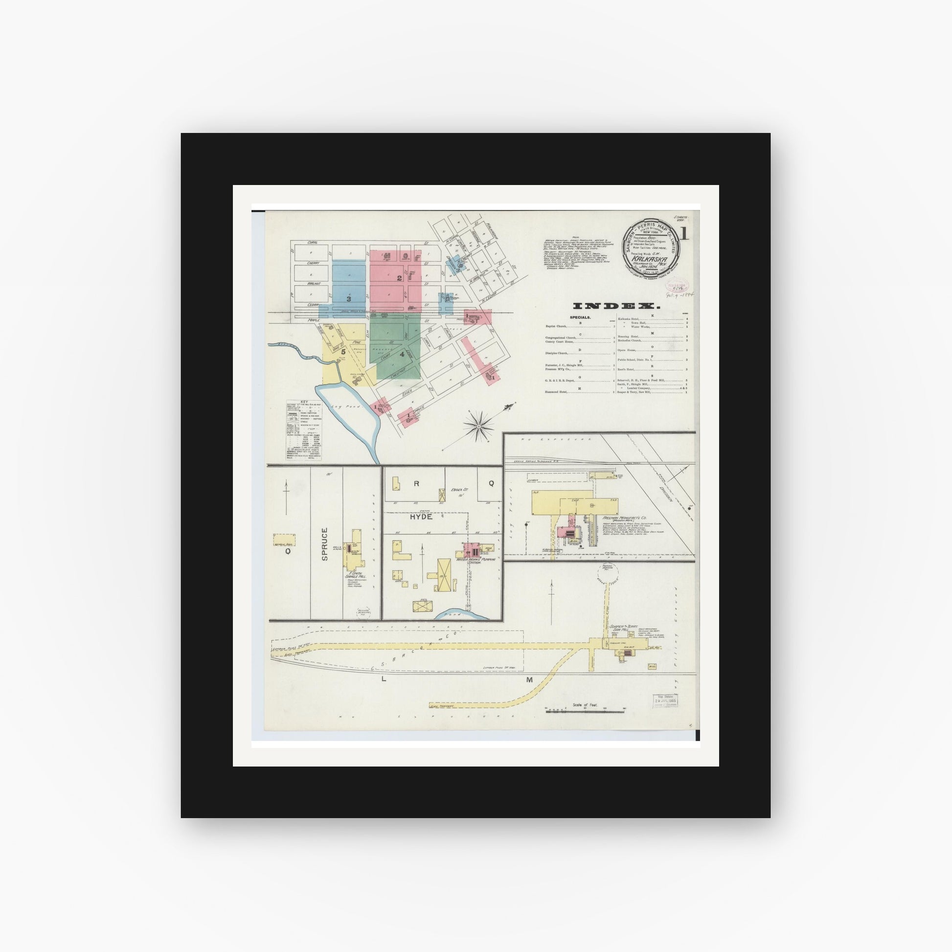 Old map wall art mockup — black gallery frame with white mat — Sanborn Fire Insurance Map from Kalkaska, Kalkaska County, Michigan (1894), Sheet #0001