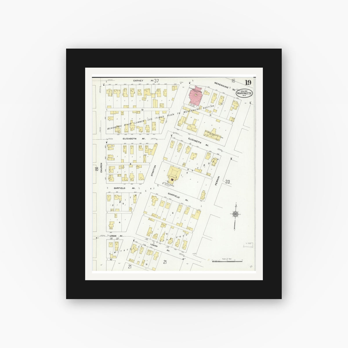 Old map wall art mockup — black gallery frame with white mat — Sanborn Fire Insurance Map from Marinette, Marinette County, Wisconsin (1910), Sheet #0019