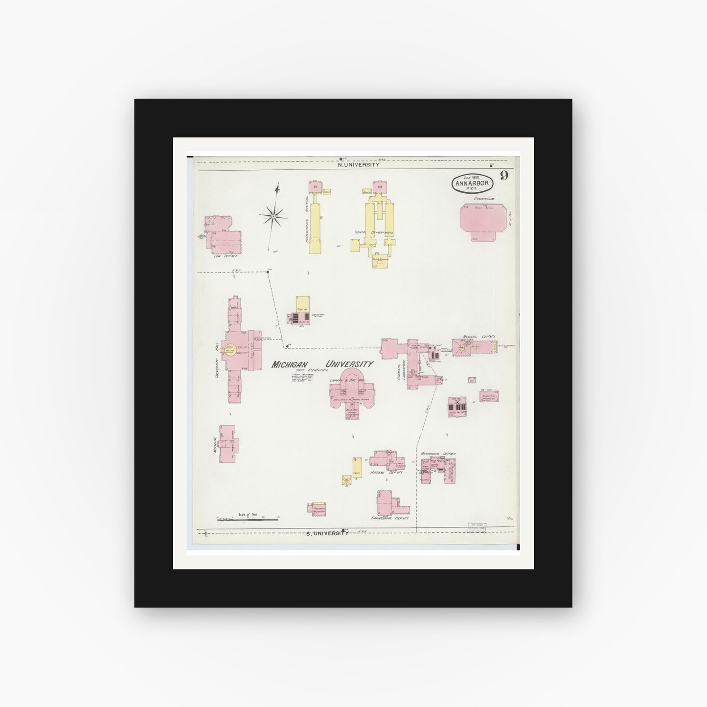 Old map wall art mockup — black gallery frame with white mat — Sanborn Fire Insurance Map from Ann Arbor, Washtenaw County, Michigan (1892), Sheet #0009