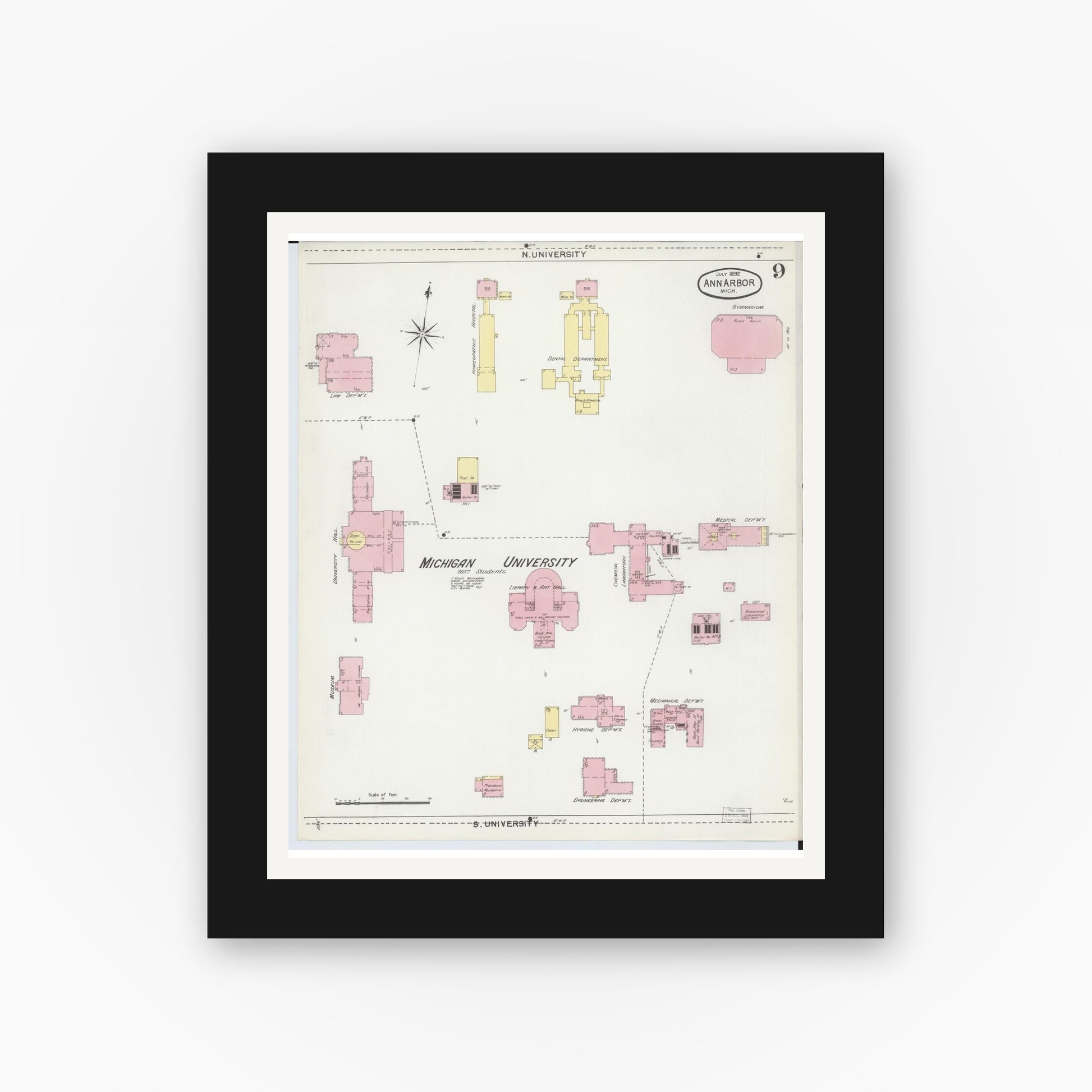 Old map wall art mockup — black gallery frame with white mat — Sanborn Fire Insurance Map from Ann Arbor, Washtenaw County, Michigan (1892), Sheet #0009