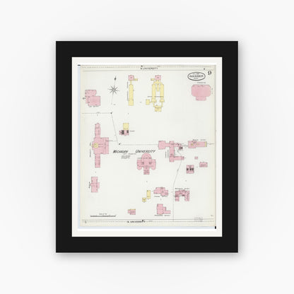 Old map wall art mockup — black gallery frame with white mat — Sanborn Fire Insurance Map from Ann Arbor, Washtenaw County, Michigan (1892), Sheet #0009