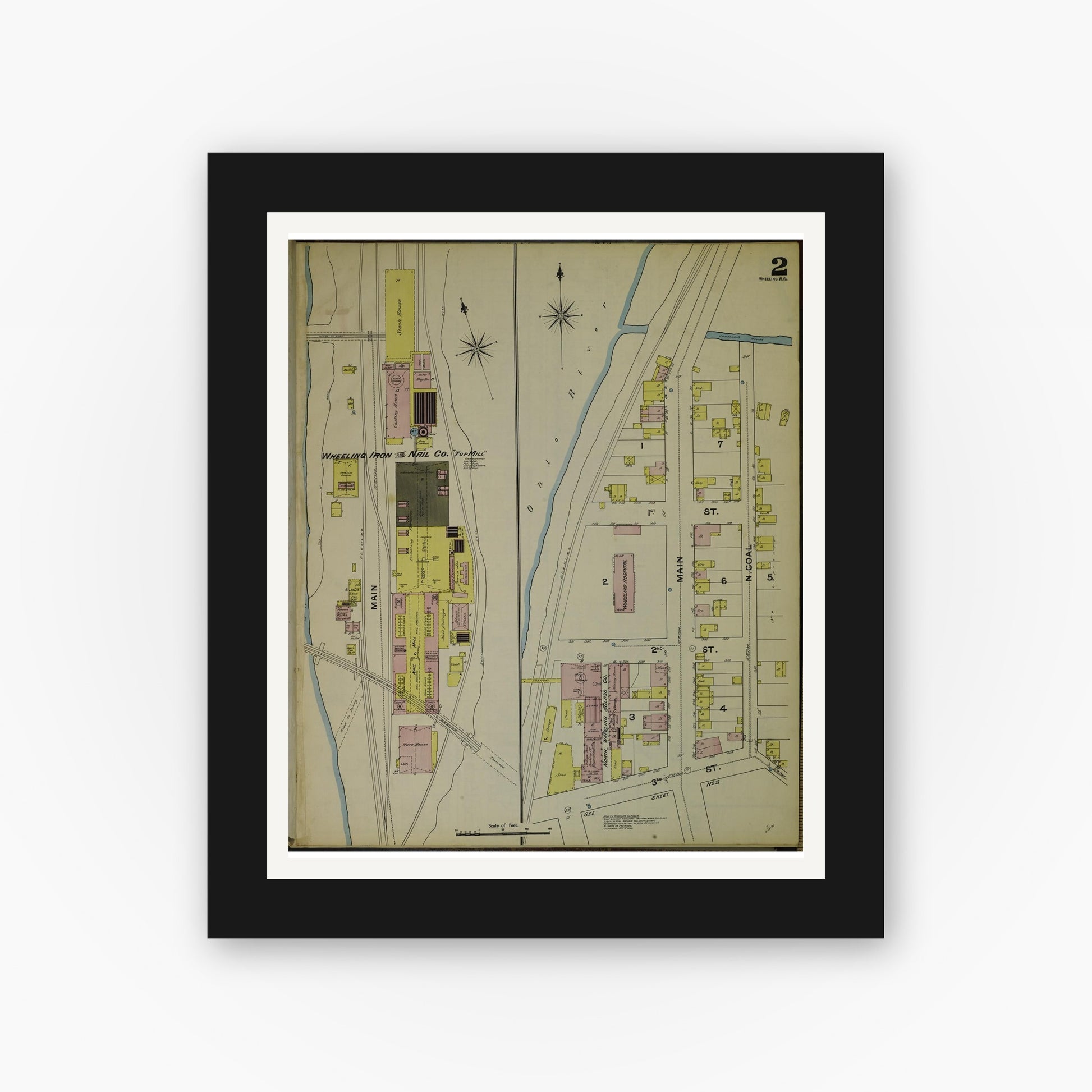 Old map wall art mockup — black gallery frame with white mat — Sanborn Fire Insurance Map from Wheeling, Ohio County, West Virginia (1890) - Complete Map Set