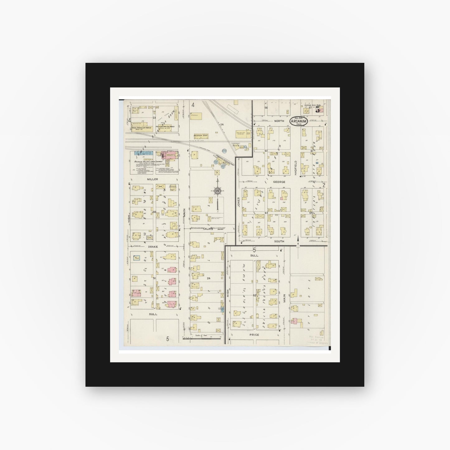 Old map wall art mockup — black gallery frame with white mat — Sanborn Fire Insurance Map from Arcanum, Darke County, Ohio (1914), Sheet #0005