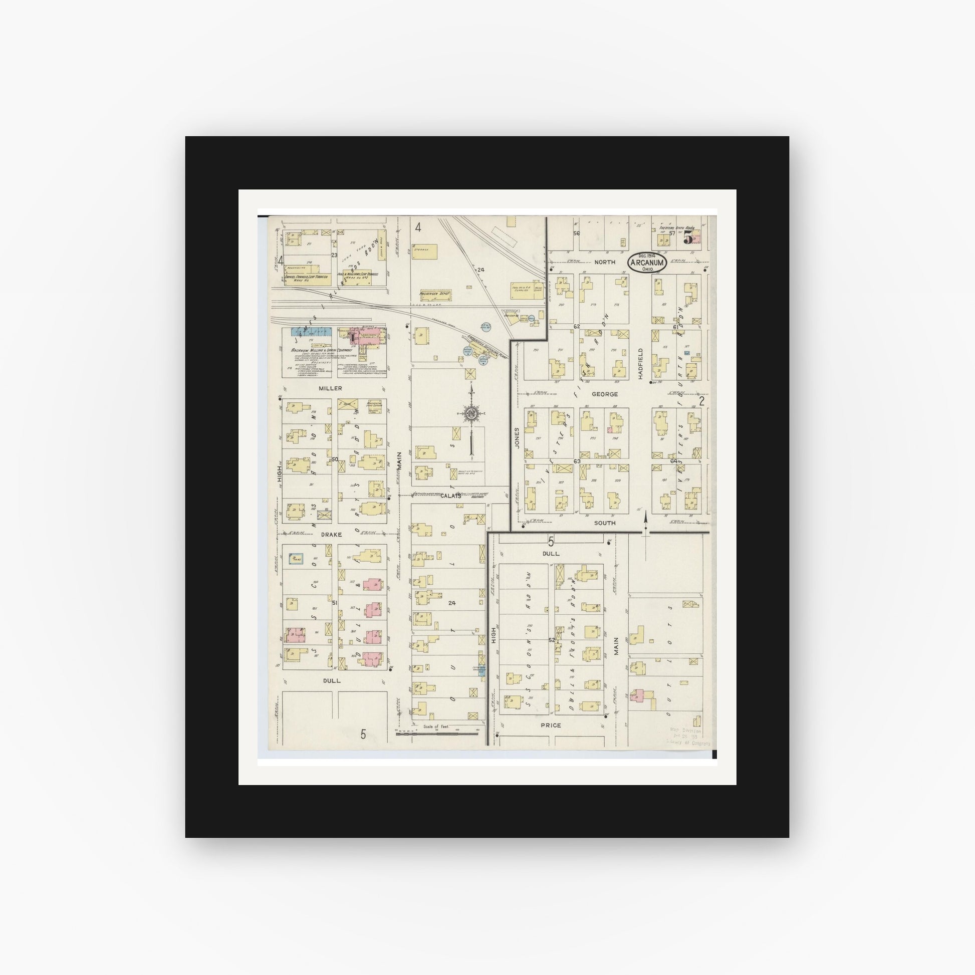Old map wall art mockup — black gallery frame with white mat — Sanborn Fire Insurance Map from Arcanum, Darke County, Ohio (1914), Sheet #0005