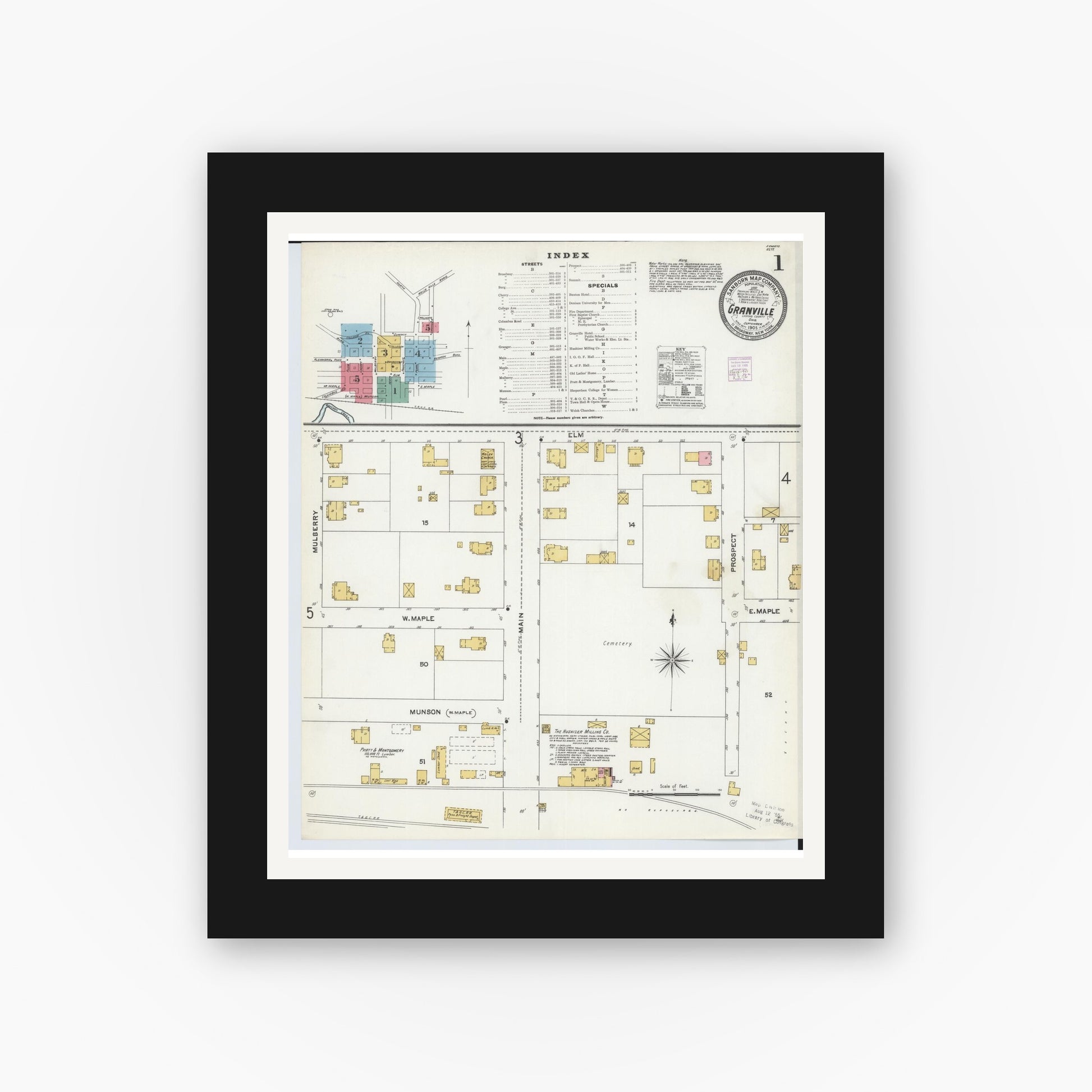 Old map wall art mockup — black gallery frame with white mat — Sanborn Fire Insurance Map from Granville, Licking County, Ohio (1905), Sheet #0001