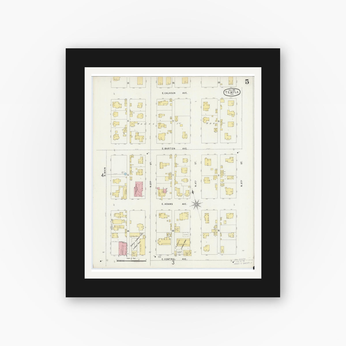 Old map wall art mockup — black gallery frame with white mat — Sanborn Fire Insurance Map from Temple, Bell County, Texas (1896), Sheet #0005