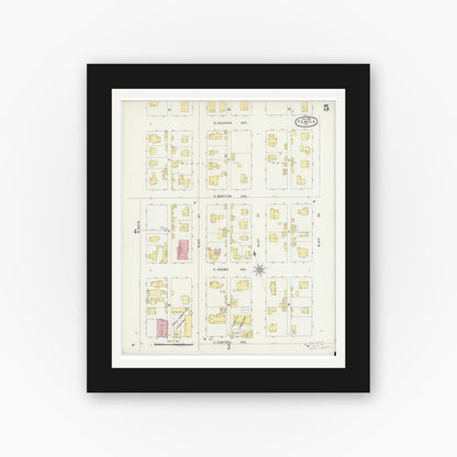 Old map wall art mockup — black gallery frame with white mat — Sanborn Fire Insurance Map from Temple, Bell County, Texas (1896), Sheet #0005