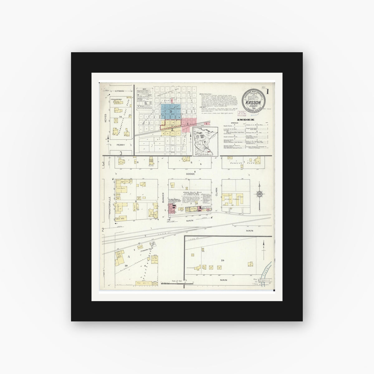 Old map wall art mockup — black gallery frame with white mat — Sanborn Fire Insurance Map from Kasson, Dodge County, Minnesota (1914) - Complete Map Set