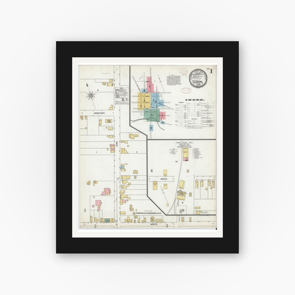 Old map wall art mockup — black gallery frame with white mat — Sanborn Fire Insurance Map from Leesburg, Loudoun County, Virginia (1899) - Complete Map Set