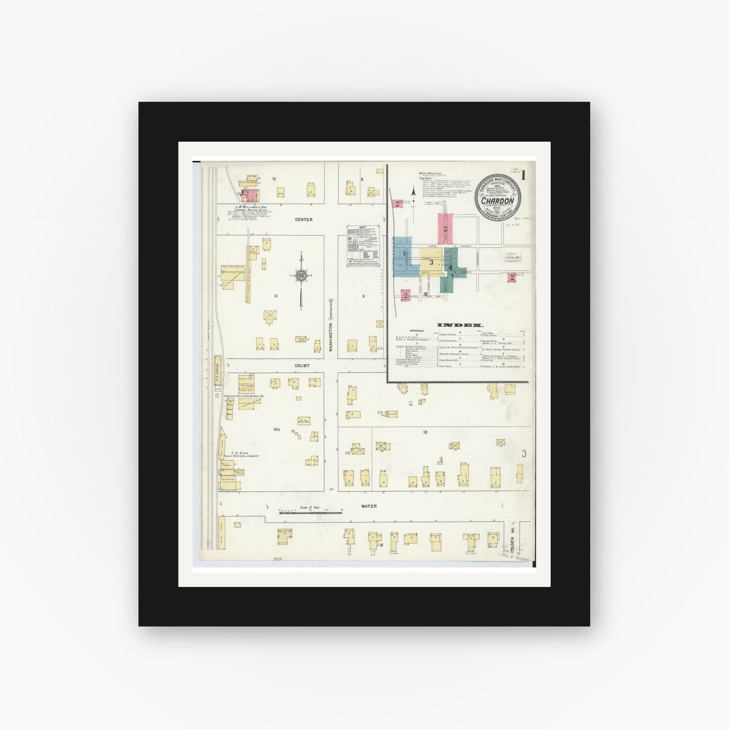 Old map wall art mockup — black gallery frame with white mat — Sanborn Fire Insurance Map from Chardon, Geauga County, Ohio (1911), Sheet #0001