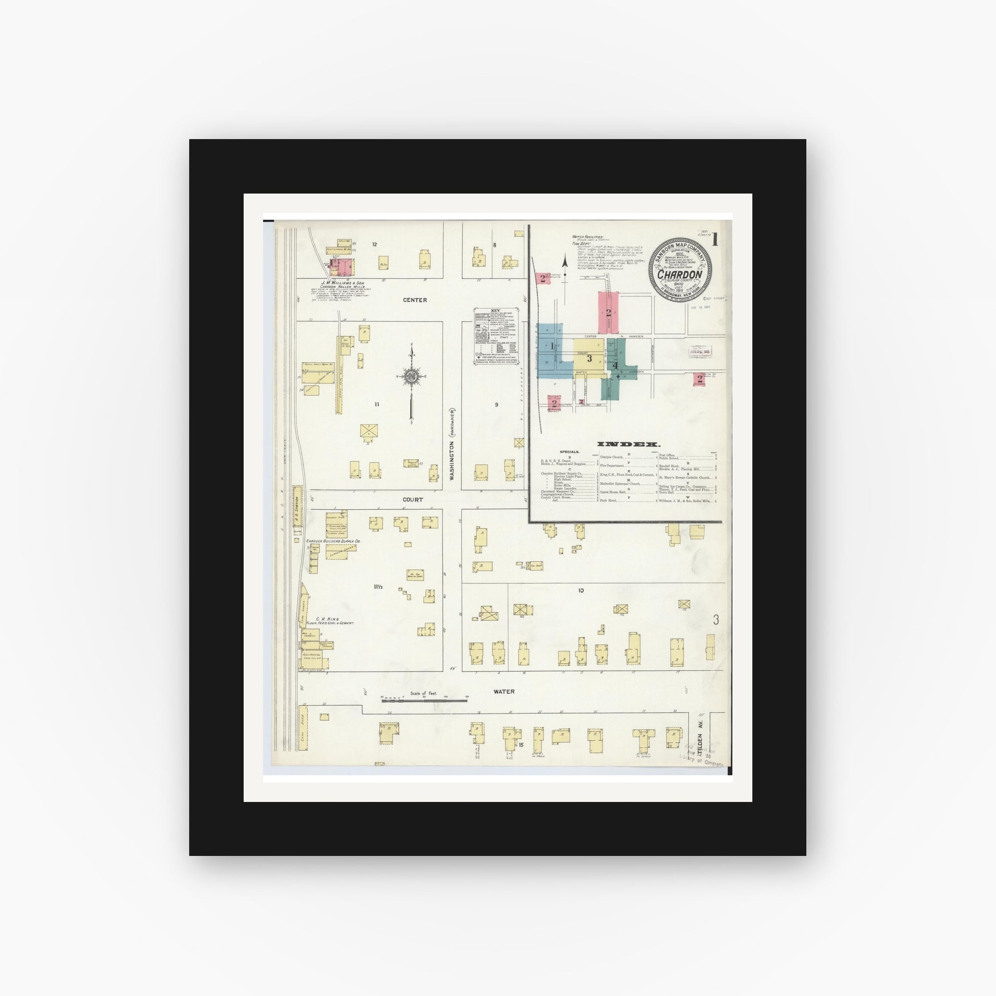 Old map wall art mockup — black gallery frame with white mat — Sanborn Fire Insurance Map from Chardon, Geauga County, Ohio (1911), Sheet #0001