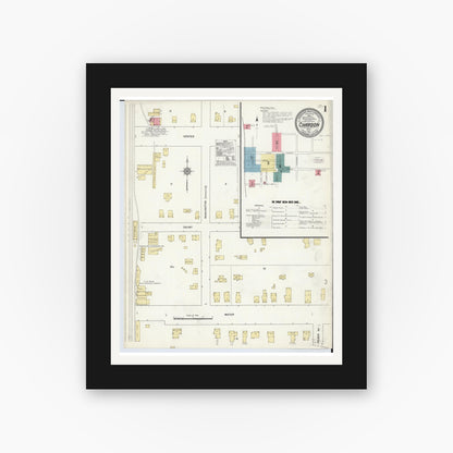 Old map wall art mockup — black gallery frame with white mat — Sanborn Fire Insurance Map from Chardon, Geauga County, Ohio (1911), Sheet #0001
