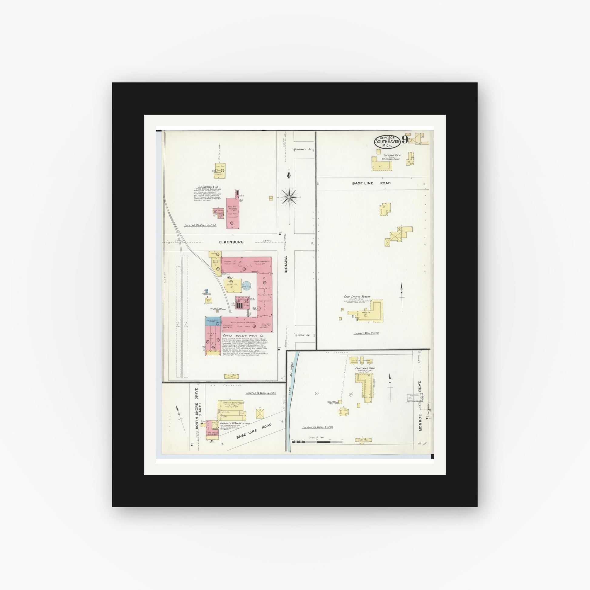 Old map wall art mockup — black gallery frame with white mat — Sanborn Fire Insurance Map from South Haven, Van Buren County, Michigan (1908), Sheet #0009