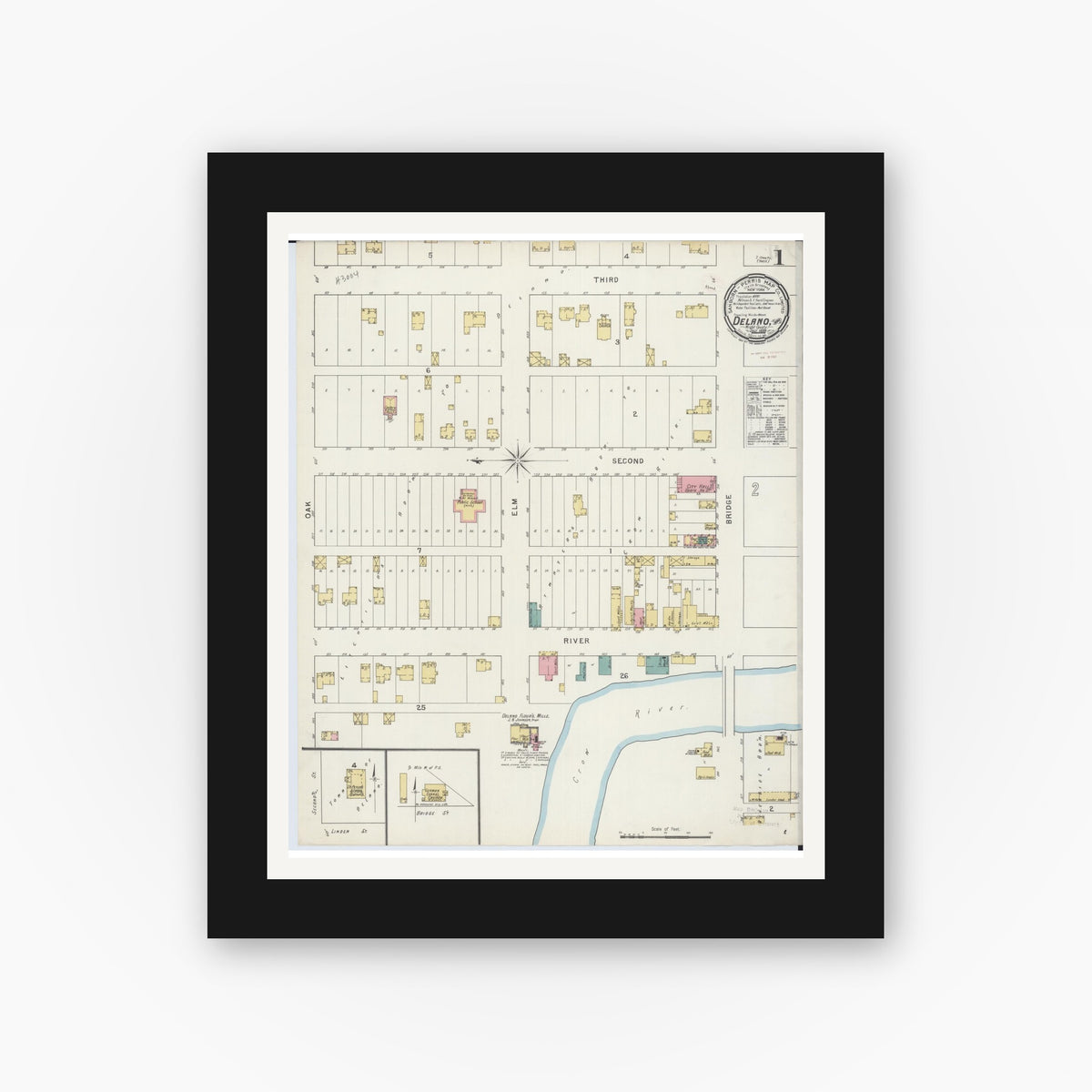 Old map wall art mockup — black gallery frame with white mat — Sanborn Fire Insurance Map from Delano, Wright County, Minnesota (1894), Sheet #0001