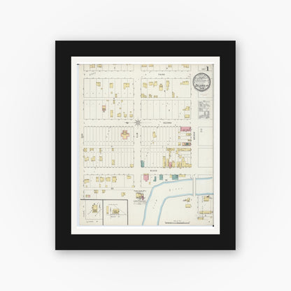 Old map wall art mockup — black gallery frame with white mat — Sanborn Fire Insurance Map from Delano, Wright County, Minnesota (1894), Sheet #0001