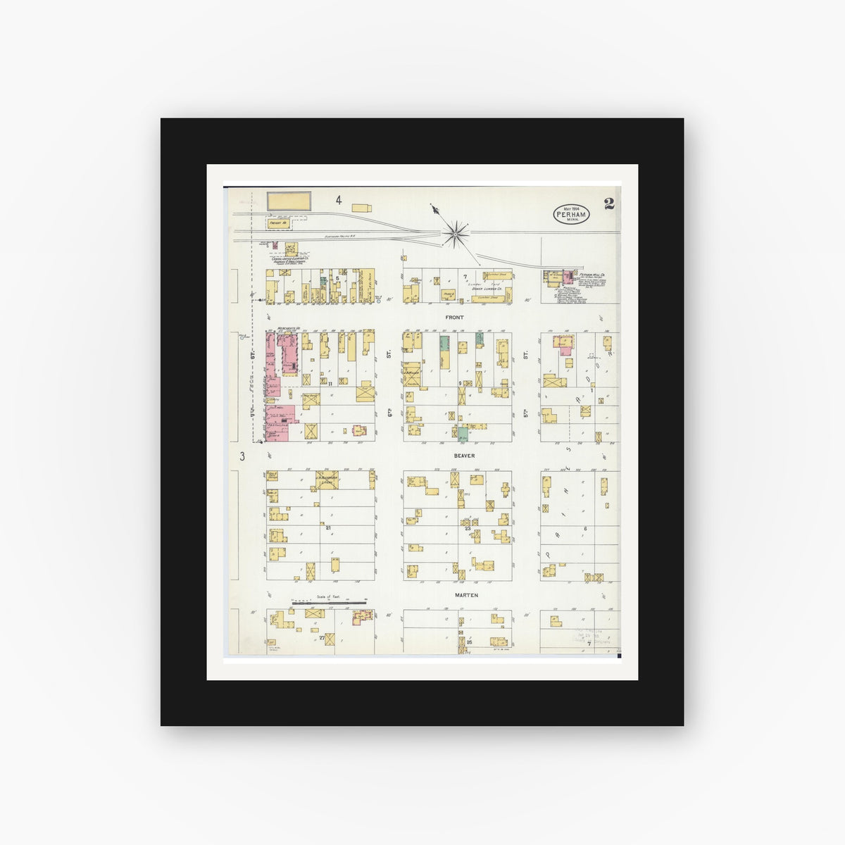 Old map wall art mockup — black gallery frame with white mat — Sanborn Fire Insurance Map from Perham, Otter Tail County, Minnesota (1904), Sheet #0002