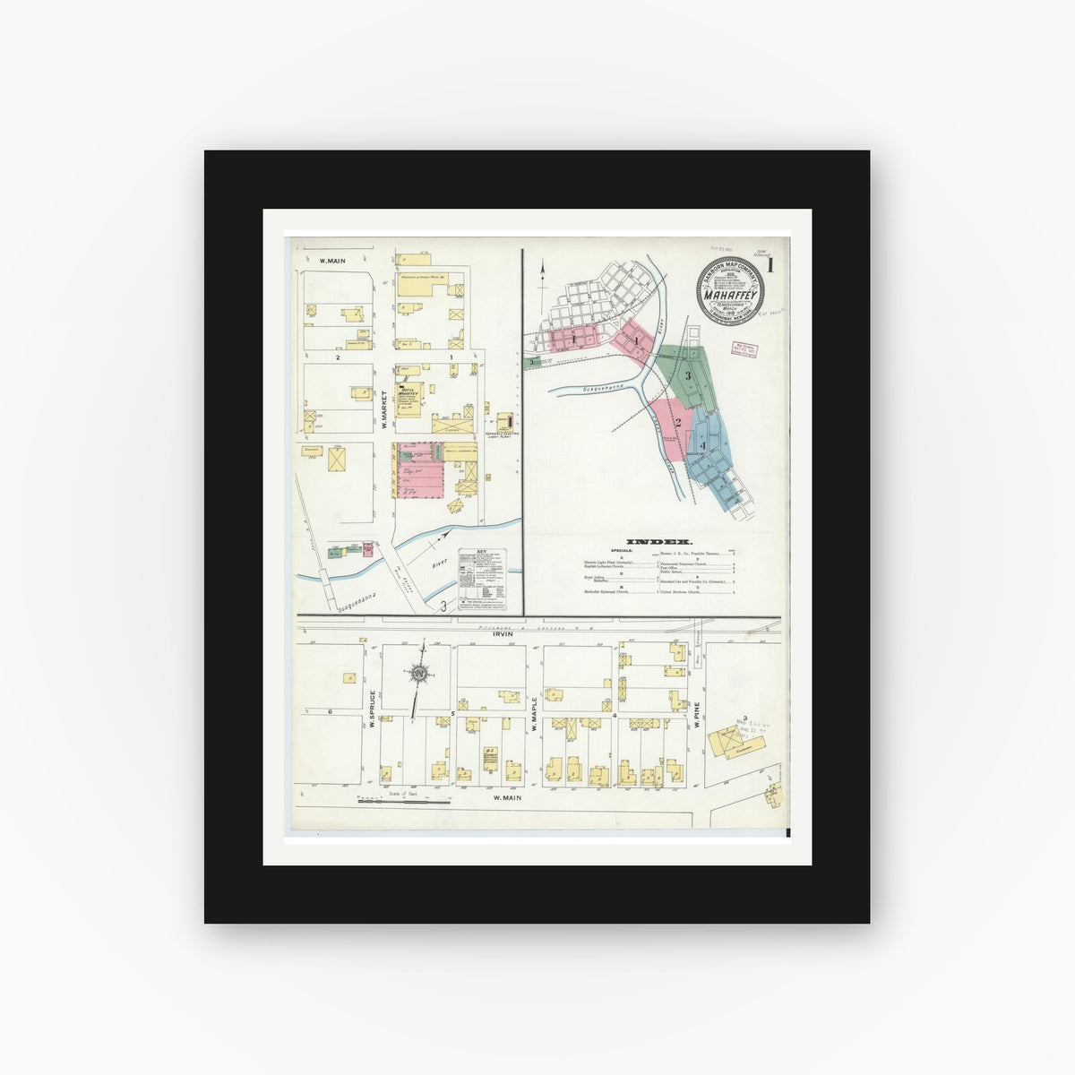 Old map wall art mockup — black gallery frame with white mat — Sanborn Fire Insurance Map from Mahaffly, Clearfield County, Pennsylvania (1910) - Complete Map Set
