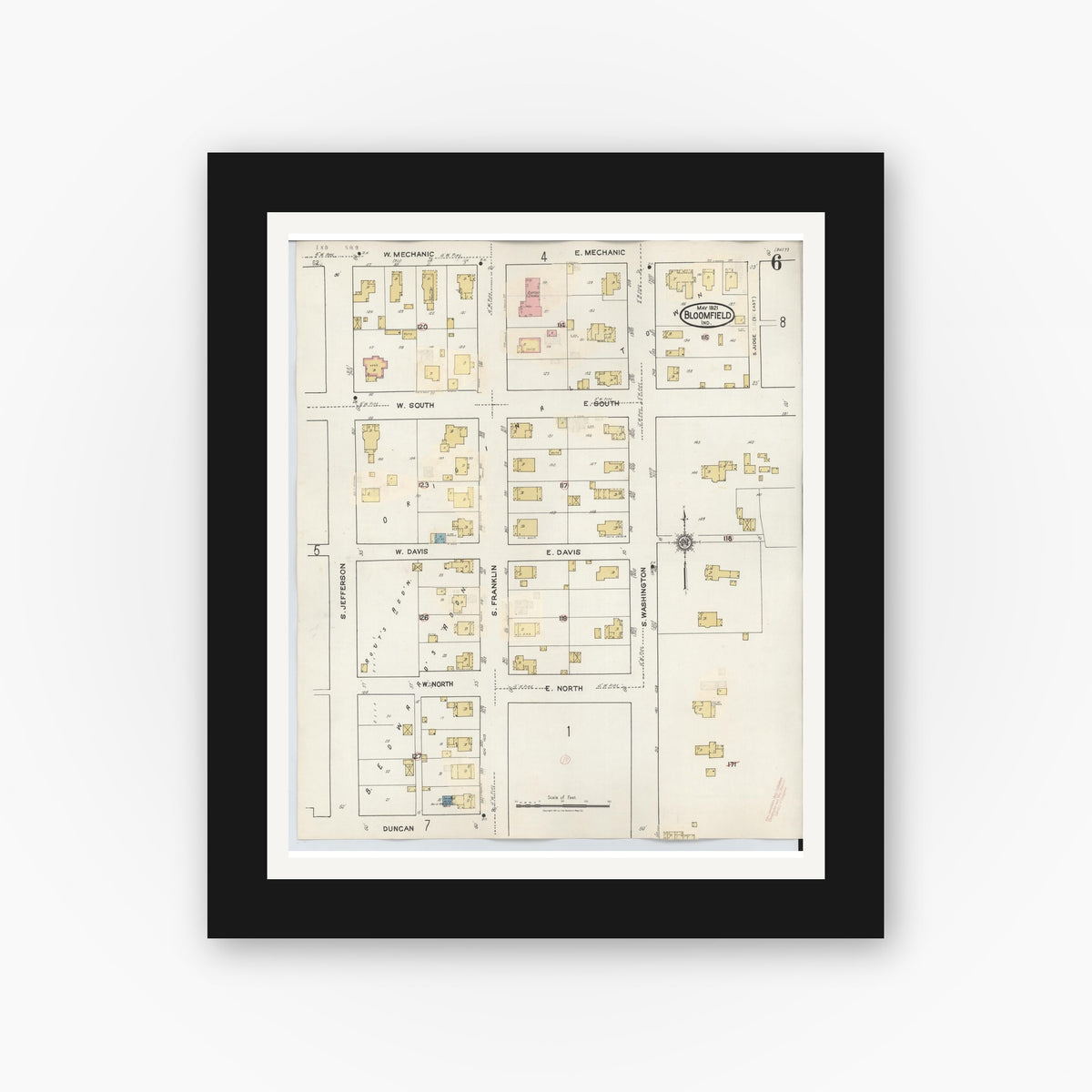 Old map wall art mockup — black gallery frame with white mat — Sanborn Fire Insurance Map from Bloomfield, Greene County, Indiana (1940), Sheet #0006