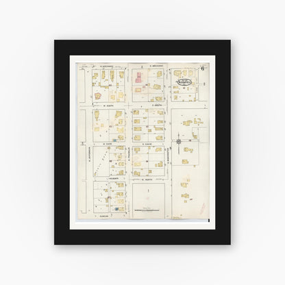 Old map wall art mockup — black gallery frame with white mat — Sanborn Fire Insurance Map from Bloomfield, Greene County, Indiana (1940), Sheet #0006