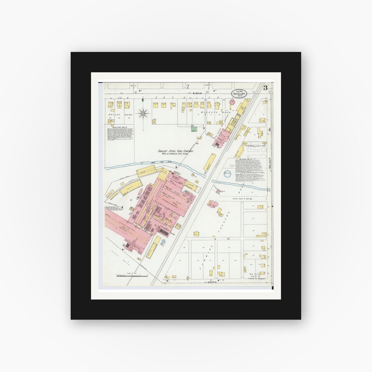 Old map wall art mockup — black gallery frame with white mat — Sanborn Fire Insurance Map from Shelby, Richland County, Ohio (1899), Sheet #0003