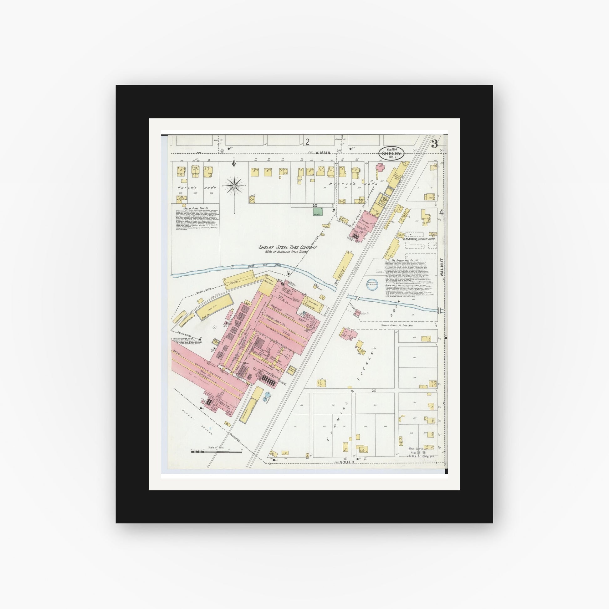 Old map wall art mockup — black gallery frame with white mat — Sanborn Fire Insurance Map from Shelby, Richland County, Ohio (1899), Sheet #0003