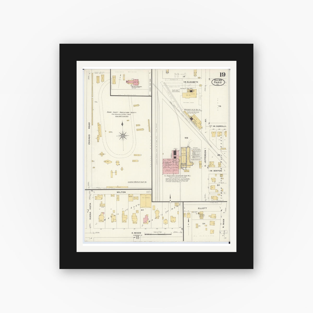 Old map wall art mockup — black gallery frame with white mat — Sanborn Fire Insurance Map from Paris, Edgar County, Illinois (1908), Sheet #0019