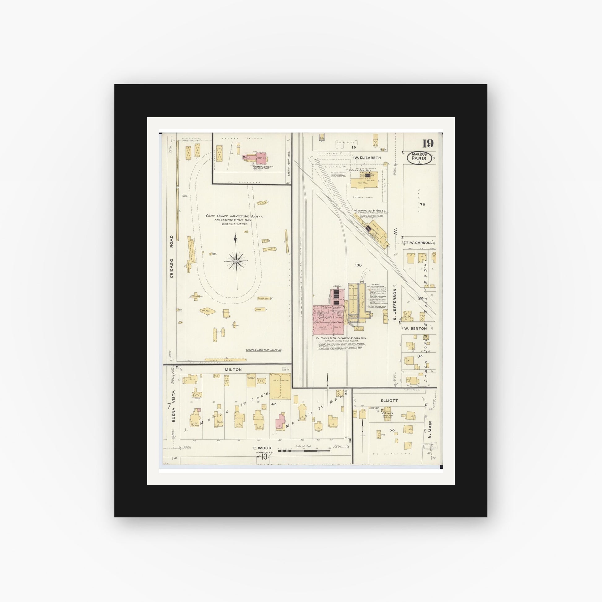 Old map wall art mockup — black gallery frame with white mat — Sanborn Fire Insurance Map from Paris, Edgar County, Illinois (1908), Sheet #0019