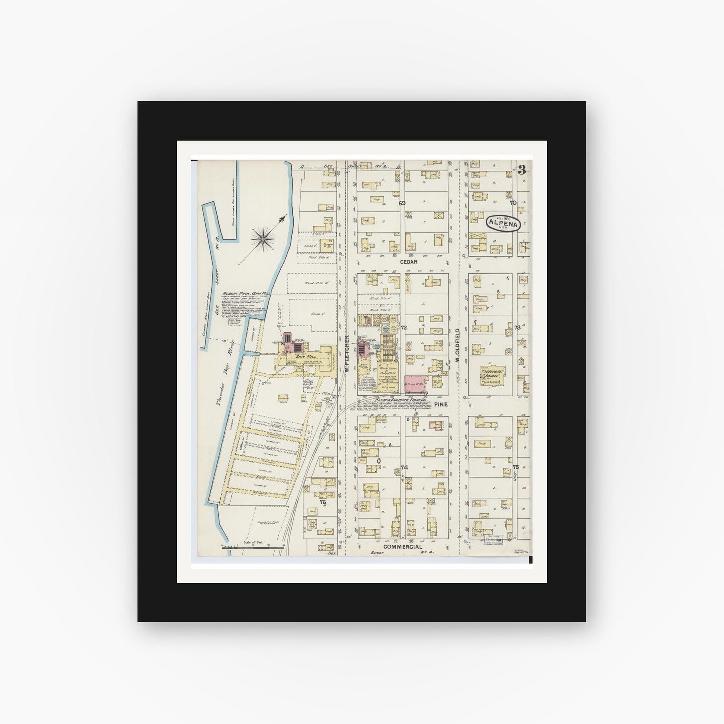 Old map wall art mockup — black gallery frame with white mat — Sanborn Fire Insurance Map from Alpena, Alpena County, Michigan (1890), Sheet #0003