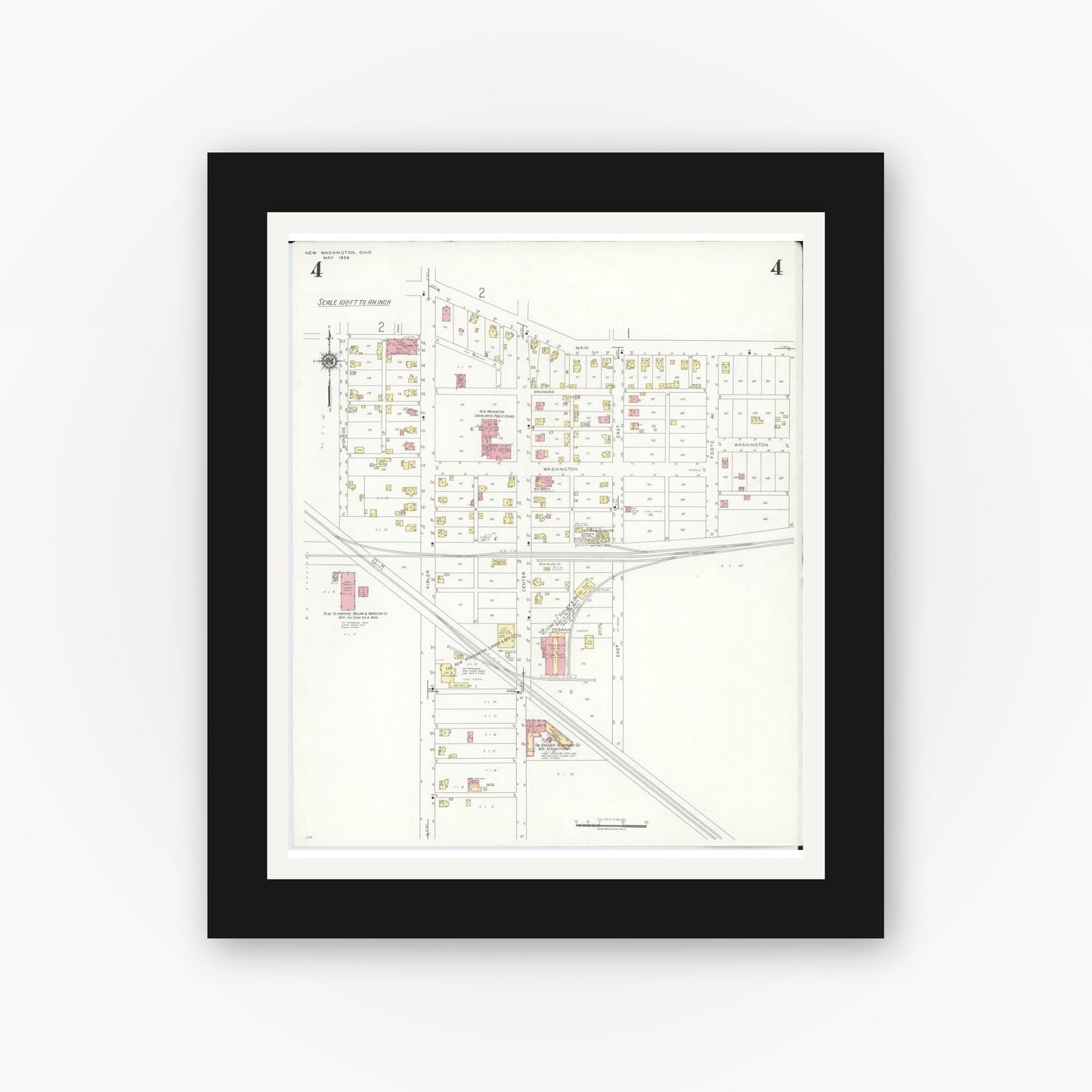 Old map wall art mockup — black gallery frame with white mat — Sanborn Fire Insurance Map from New Washington, Crawford County, Ohio (1938), Sheet #0004
