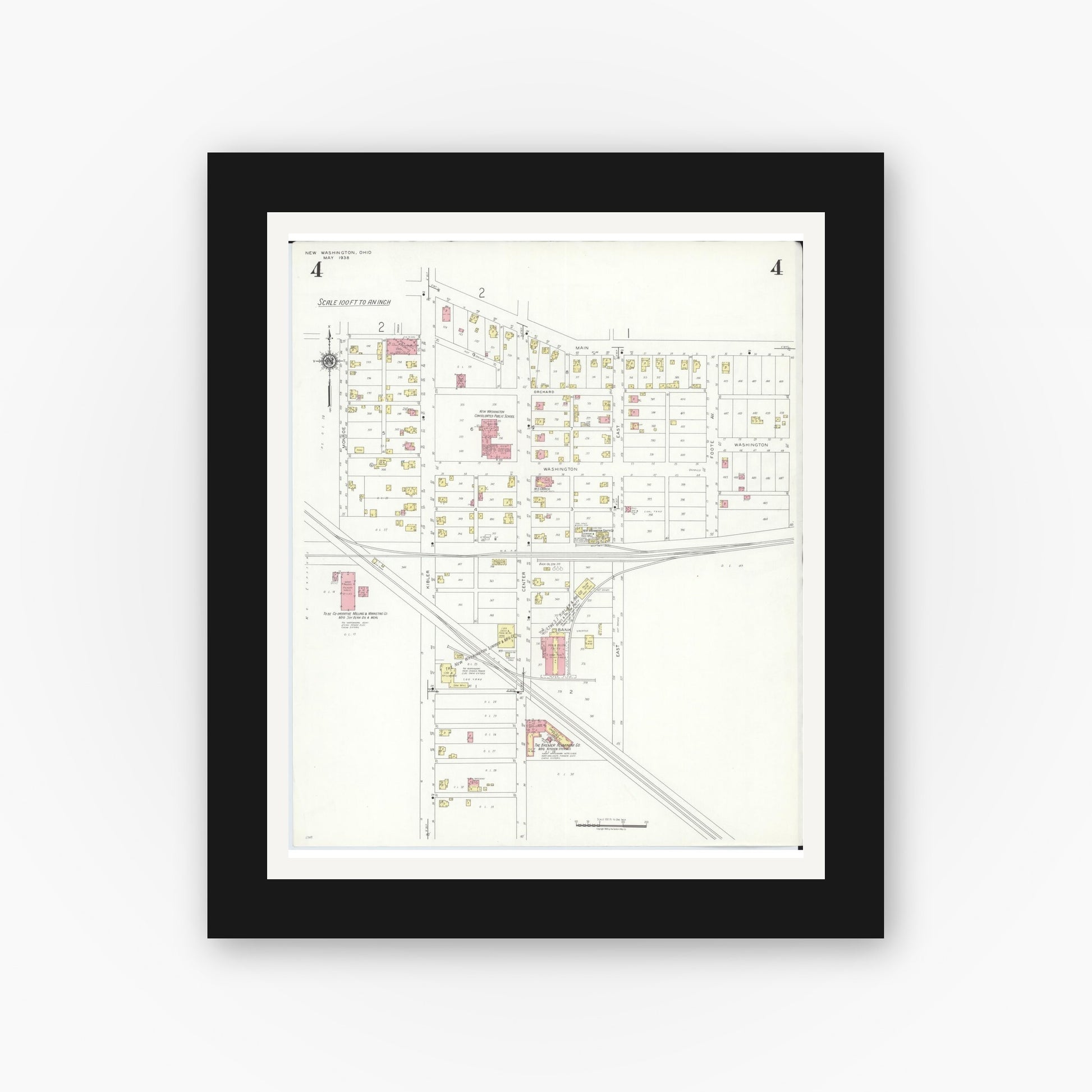 Old map wall art mockup — black gallery frame with white mat — Sanborn Fire Insurance Map from New Washington, Crawford County, Ohio (1938), Sheet #0004
