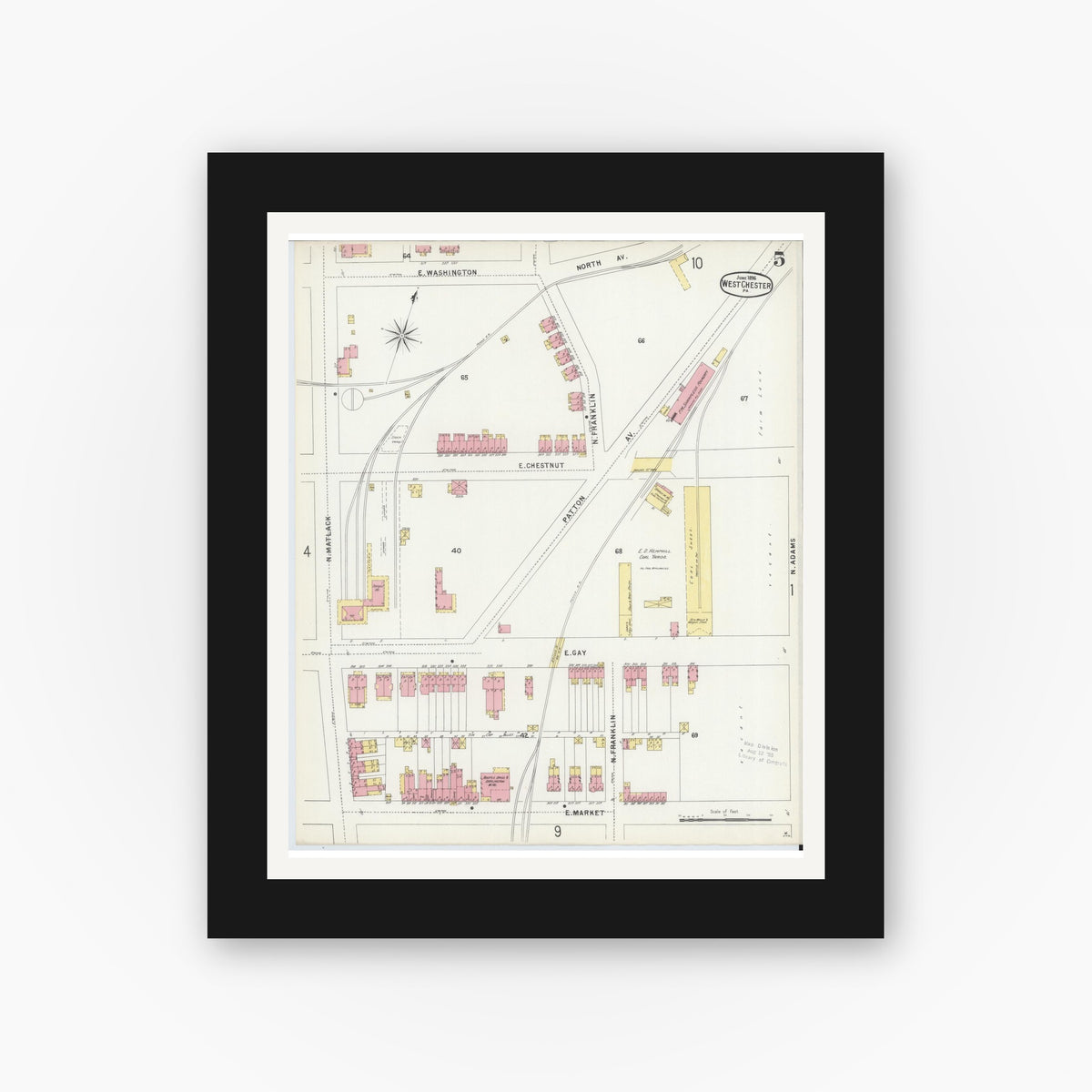 Old map wall art mockup — black gallery frame with white mat — Sanborn Fire Insurance Map from West Chester, Chester County, Pennsylvania (1896), Sheet #0005