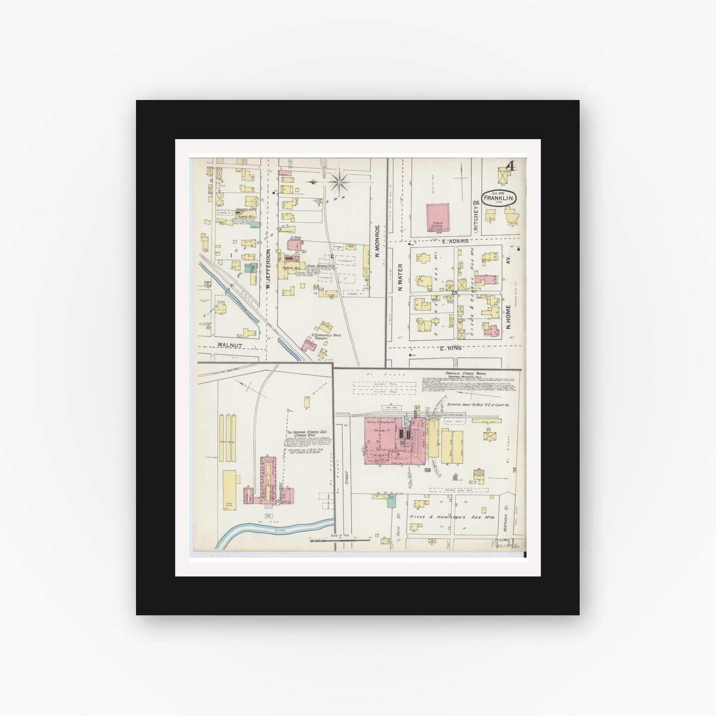 Old map wall art mockup — black gallery frame with white mat — Sanborn Fire Insurance Map from Franklin, Johnson County, Indiana (1892), Sheet #0004