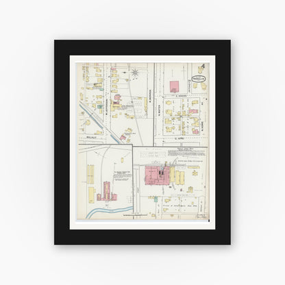 Old map wall art mockup — black gallery frame with white mat — Sanborn Fire Insurance Map from Franklin, Johnson County, Indiana (1892), Sheet #0004
