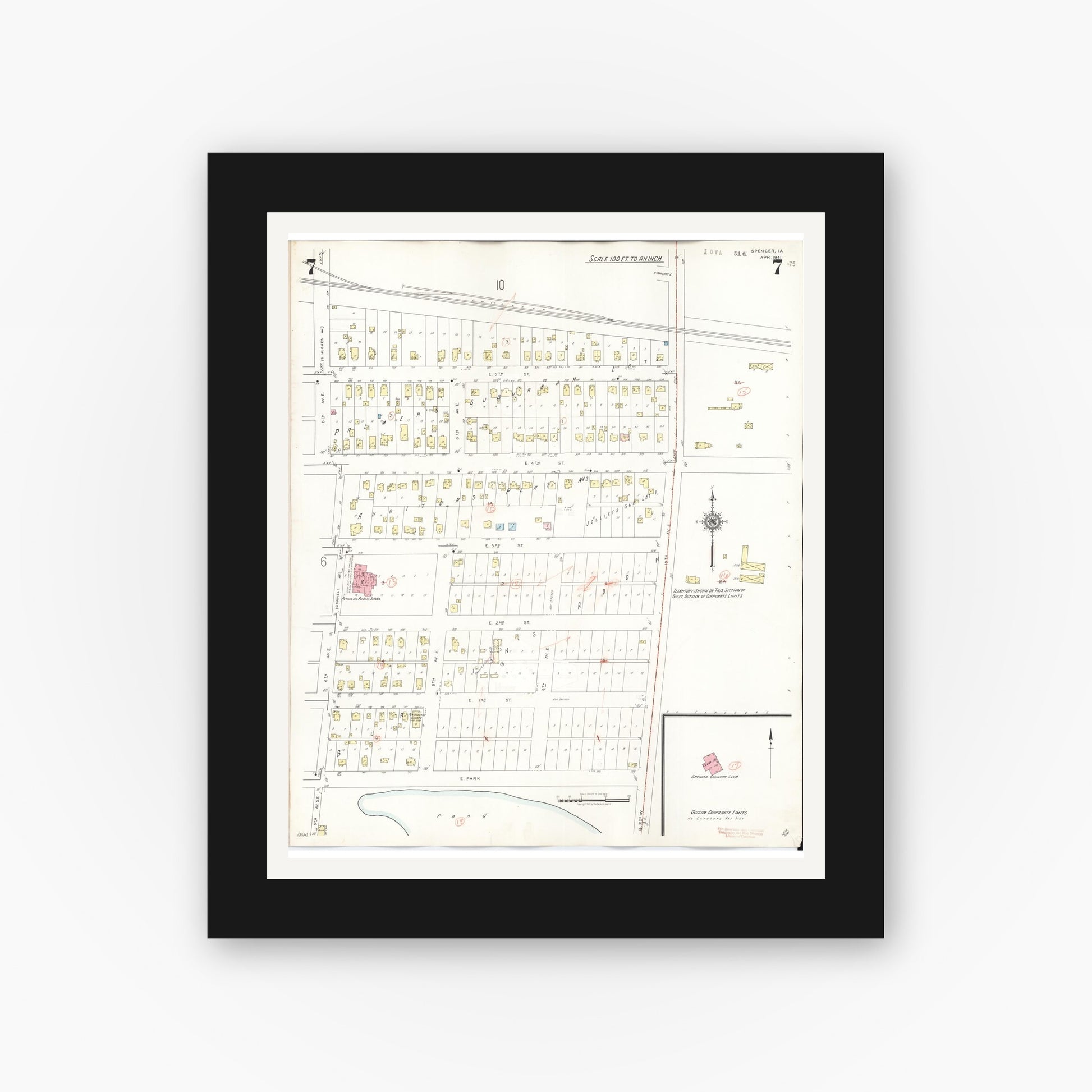 Old map wall art mockup — black gallery frame with white mat — Sanborn Fire Insurance Map from Spencer, Clay County, Iowa (1946), Sheet #0007