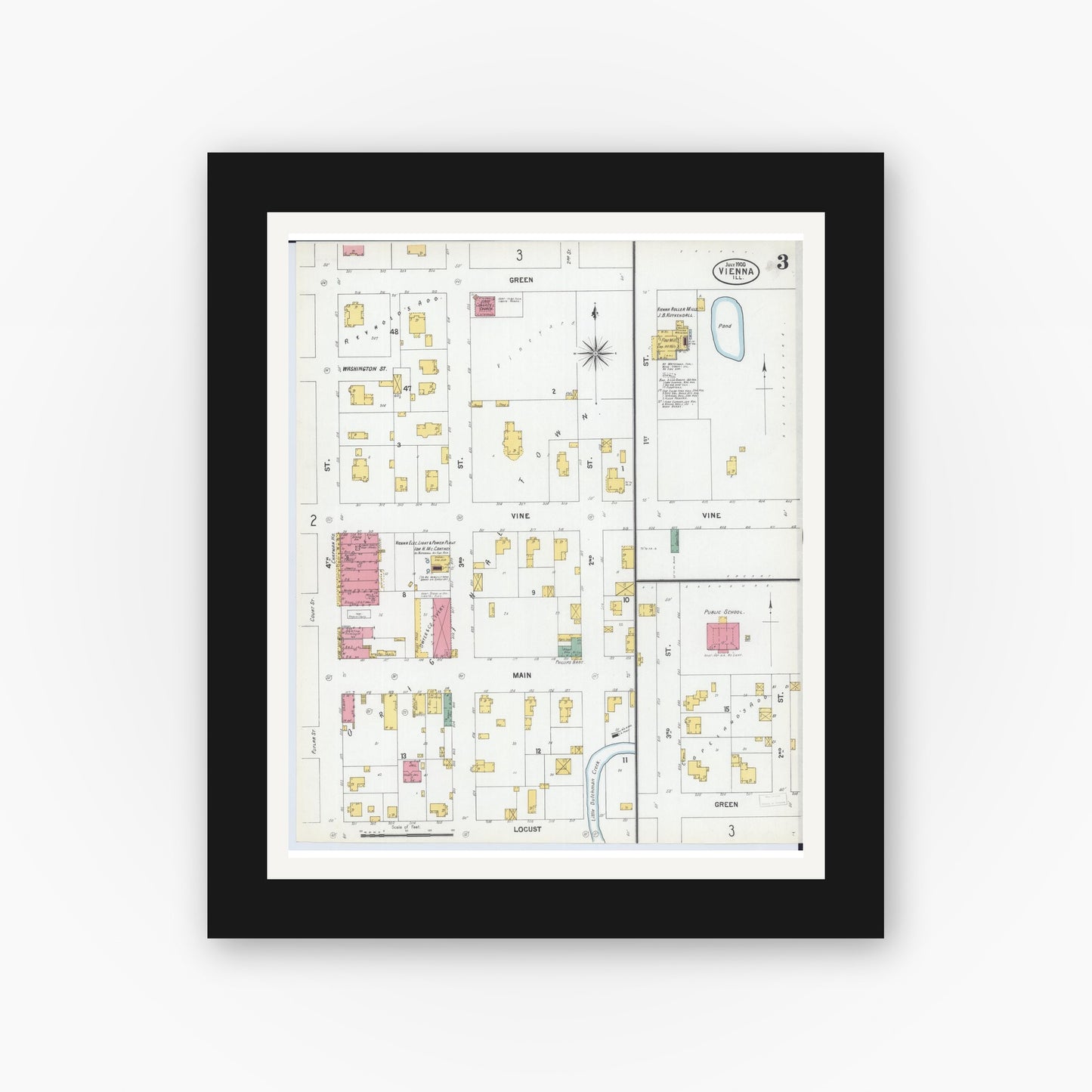 Old map wall art mockup — black gallery frame with white mat — Sanborn Fire Insurance Map from Vienna, Johnson County, Illinois (1900), Sheet #0003