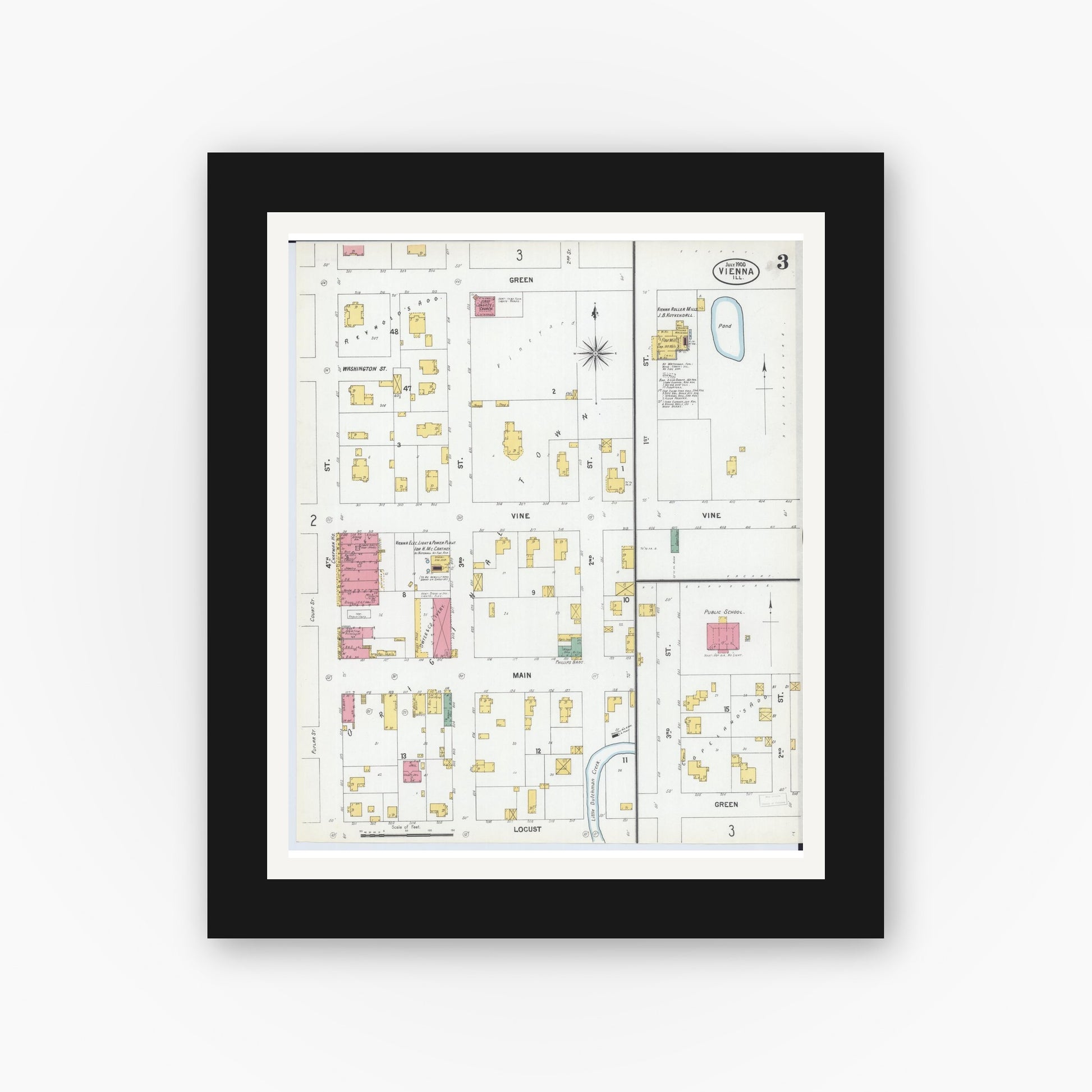 Old map wall art mockup — black gallery frame with white mat — Sanborn Fire Insurance Map from Vienna, Johnson County, Illinois (1900), Sheet #0003