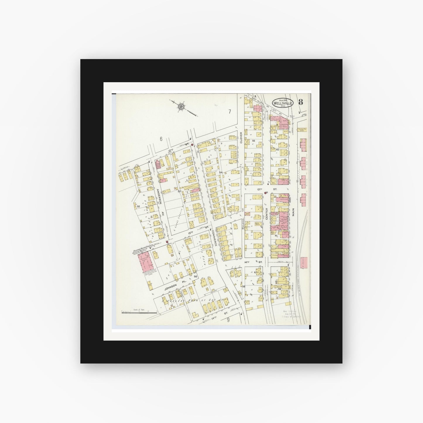 Old map wall art mockup — black gallery frame with white mat — Sanborn Fire Insurance Map from Wellsville, Columbiana County, Ohio (1915), Sheet #0008