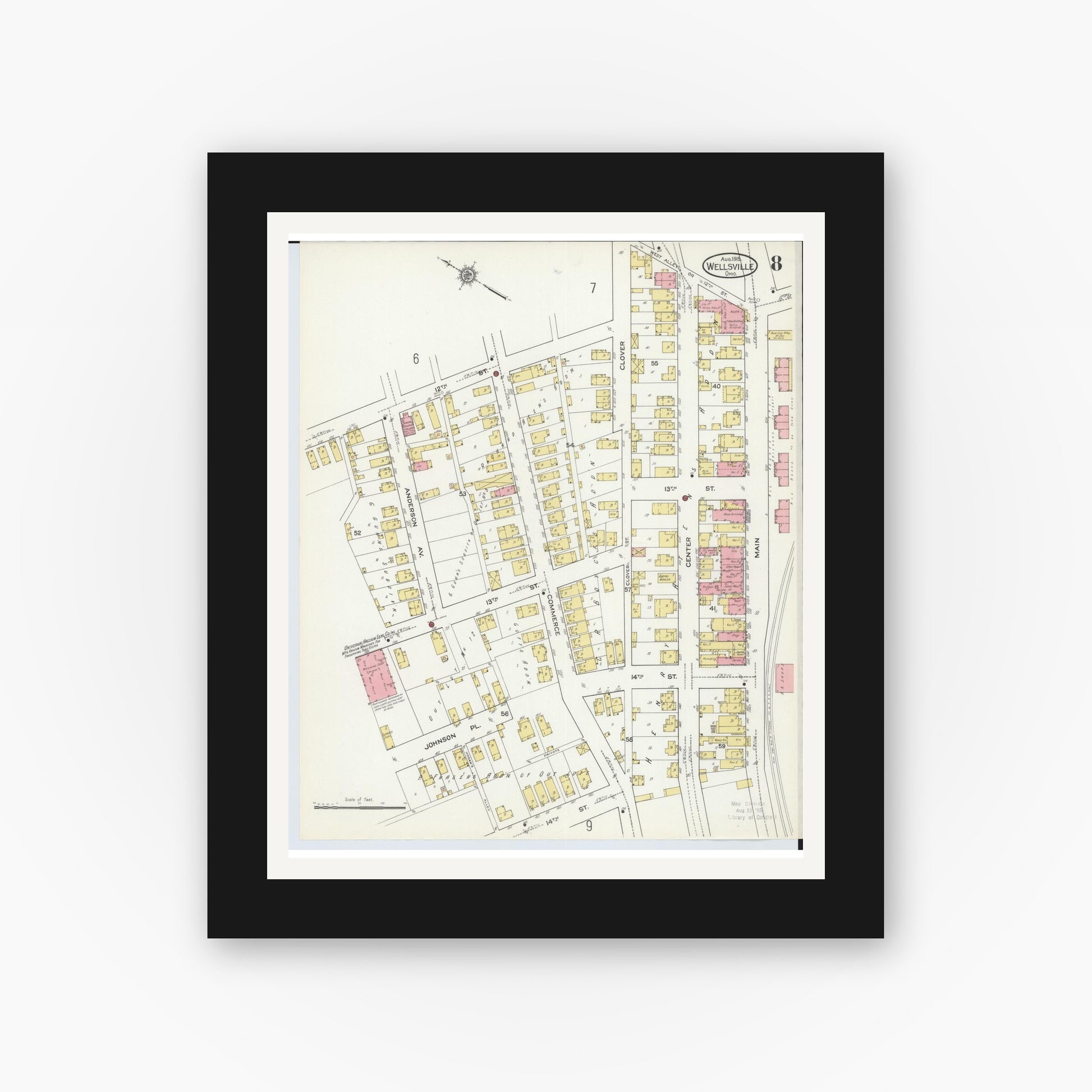Old map wall art mockup — black gallery frame with white mat — Sanborn Fire Insurance Map from Wellsville, Columbiana County, Ohio (1915), Sheet #0008