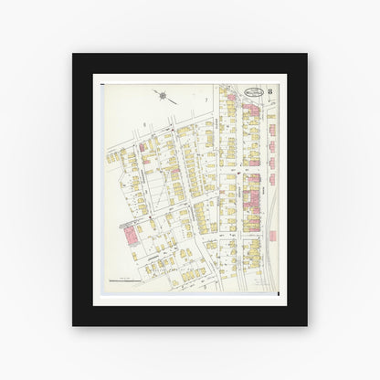 Old map wall art mockup — black gallery frame with white mat — Sanborn Fire Insurance Map from Wellsville, Columbiana County, Ohio (1915), Sheet #0008