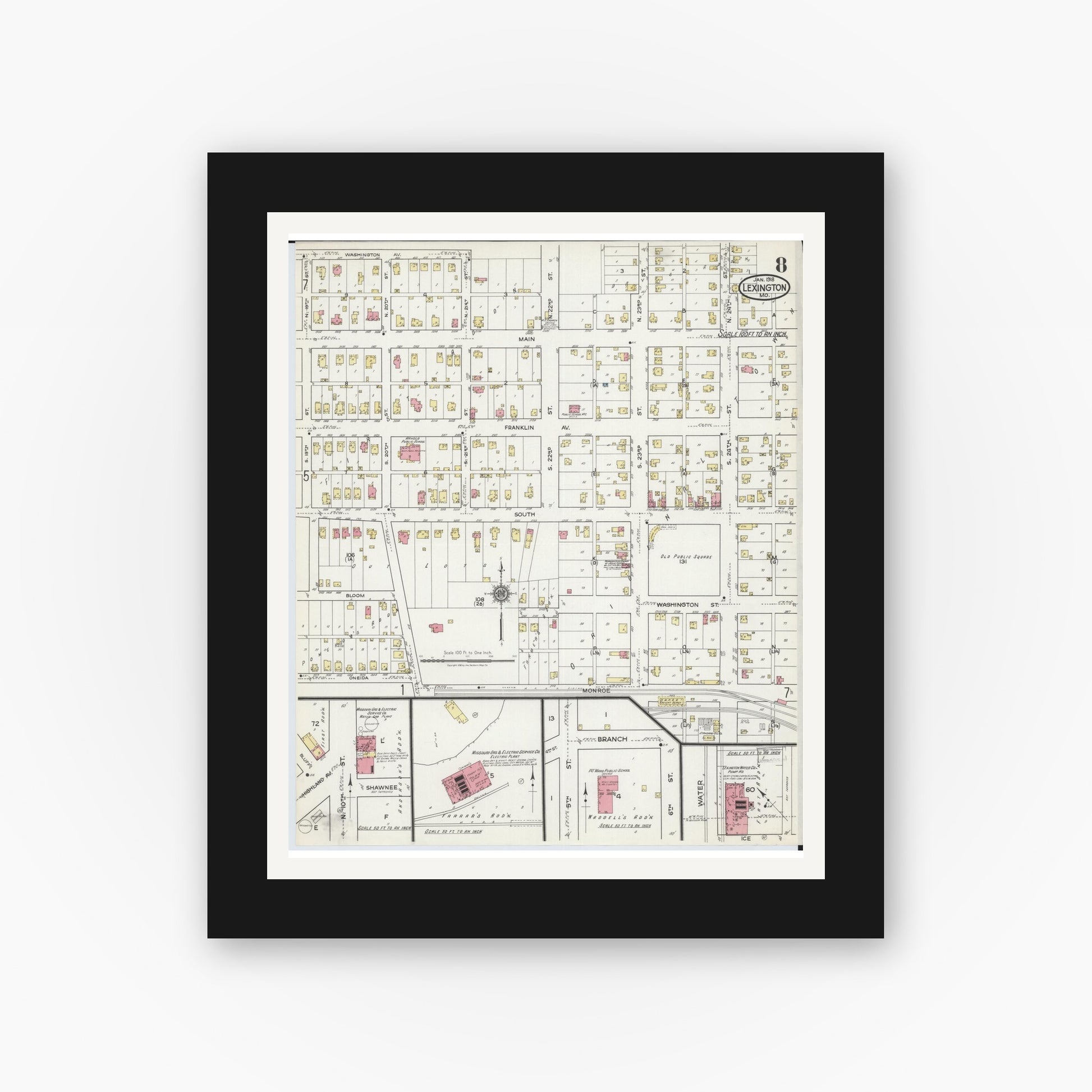 Old map wall art mockup — black gallery frame with white mat — Sanborn Fire Insurance Map from Lexington, Lafayette County, Missouri (1918), Sheet #0008