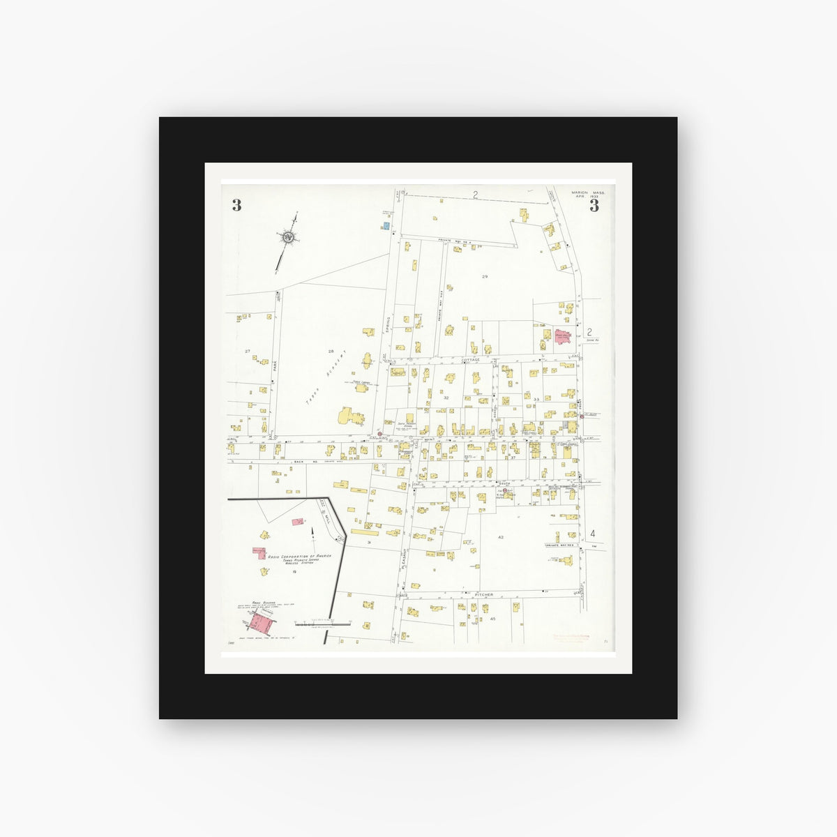 Old map wall art mockup — black gallery frame with white mat — Sanborn Fire Insurance Map from Marion, Plymouth County, Massachusetts (1933), Sheet #0003