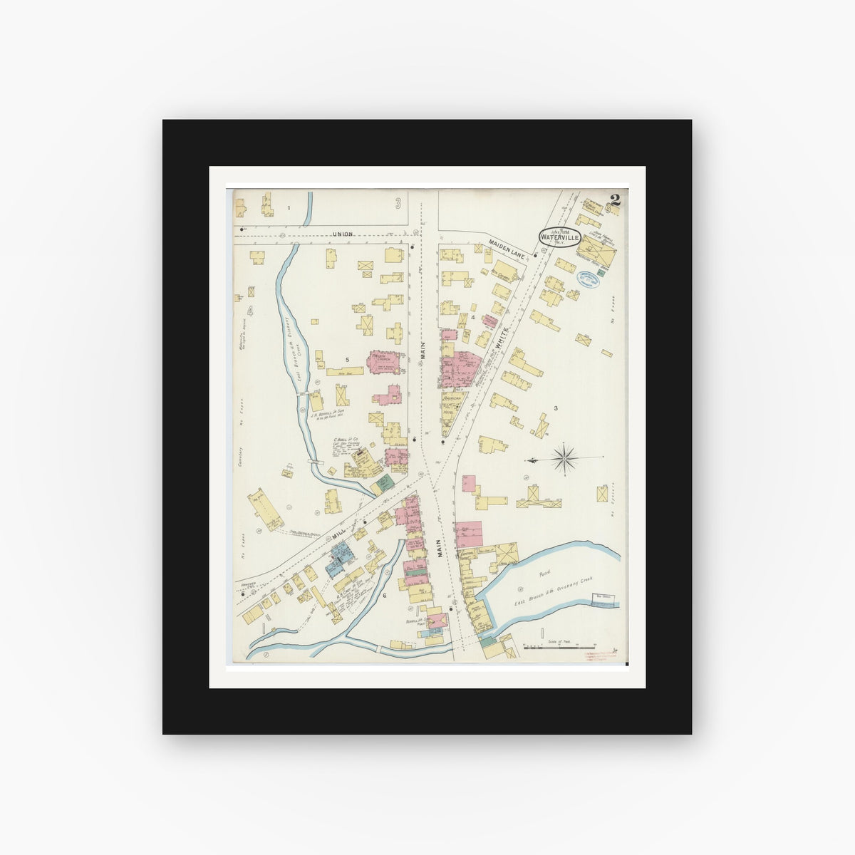 Old map wall art mockup — black gallery frame with white mat — Sanborn Fire Insurance Map from Waterville, Oneida County, New York (1894), Sheet #0002