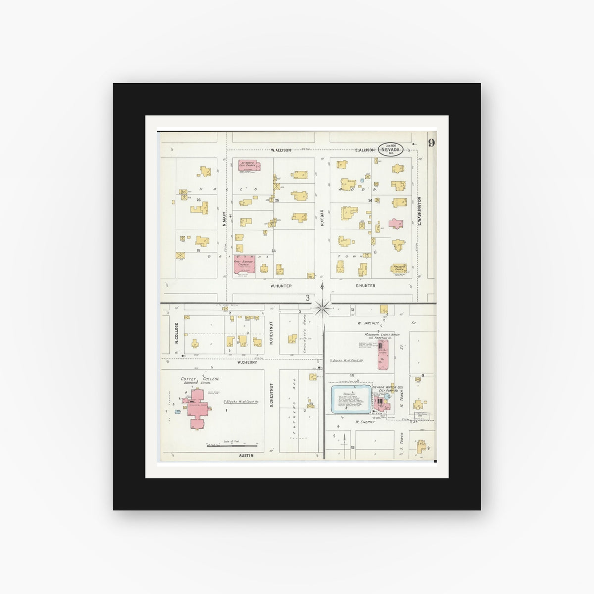 Old map wall art mockup — black gallery frame with white mat — Sanborn Fire Insurance Map from Nevada, Vernon County, Missouri (1900), Sheet #0009