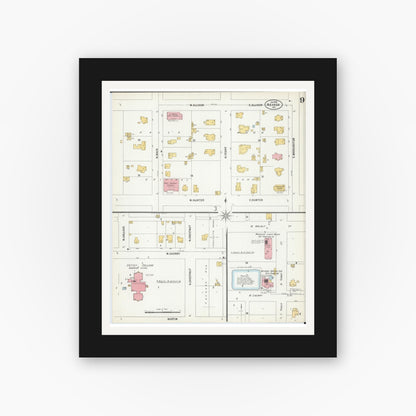 Old map wall art mockup — black gallery frame with white mat — Sanborn Fire Insurance Map from Nevada, Vernon County, Missouri (1900), Sheet #0009