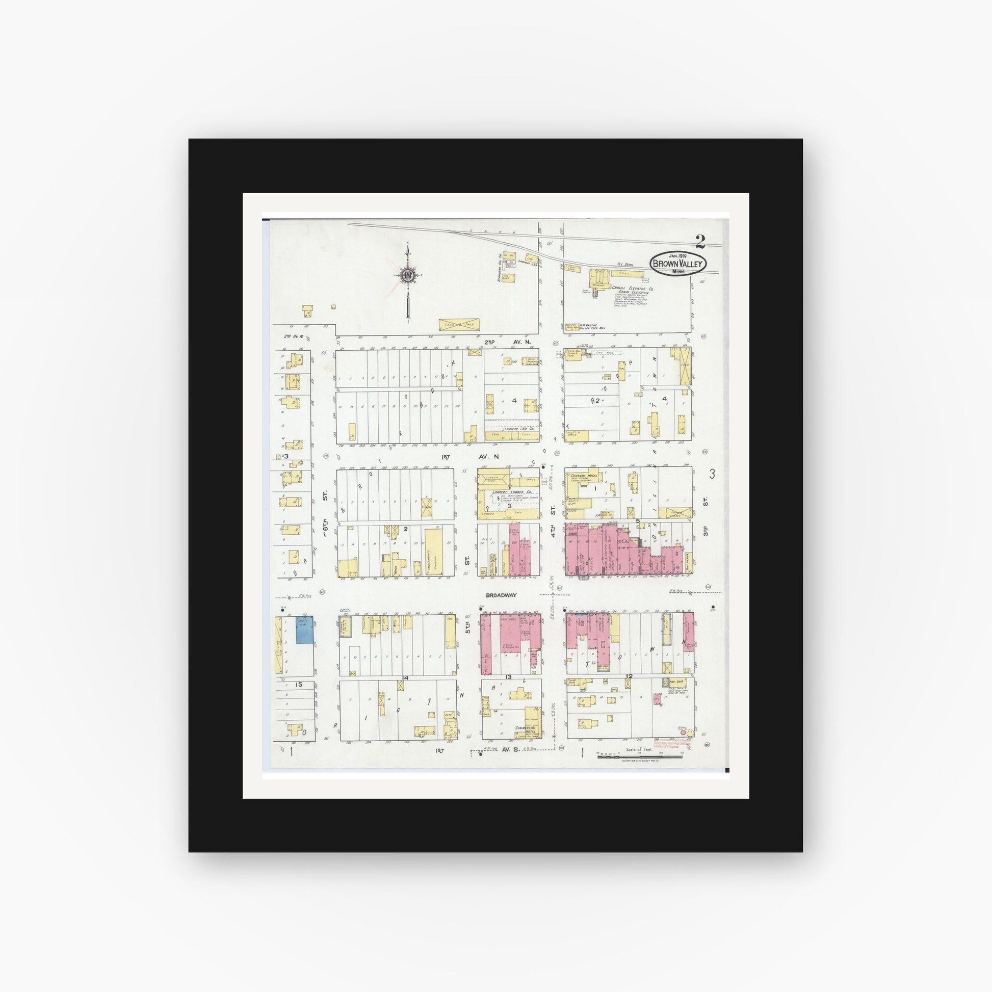 Old map wall art mockup — black gallery frame with white mat — Sanborn Fire Insurance Map from Browns Valley, Traverse County, Minnesota (1919), Sheet #0002
