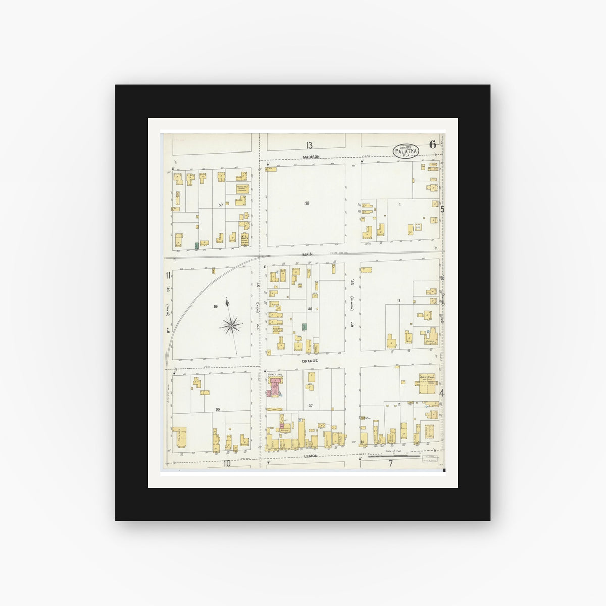 Old map wall art mockup — black gallery frame with white mat — Sanborn Fire Insurance Map from Palatka, Putnam County, Florida (1903), Sheet #0006