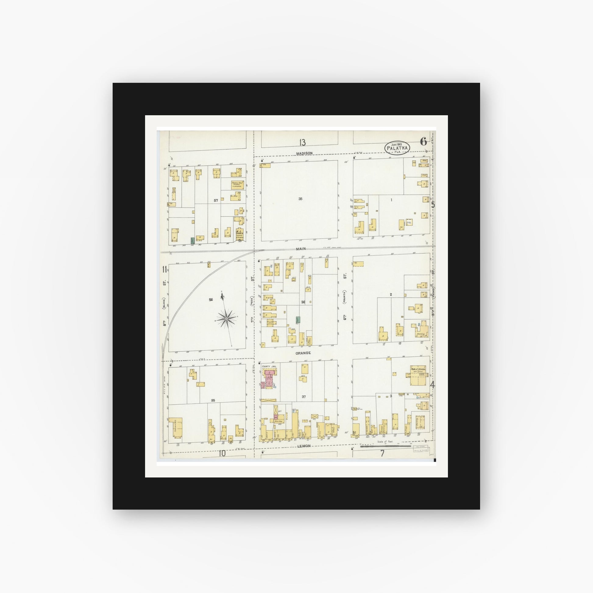 Old map wall art mockup — black gallery frame with white mat — Sanborn Fire Insurance Map from Palatka, Putnam County, Florida (1903), Sheet #0006