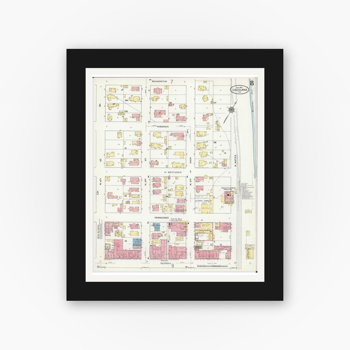 Old map wall art mockup — black gallery frame with white mat — Sanborn Fire Insurance Map from Louisiana, Pike County, Missouri (1909), Sheet #0008